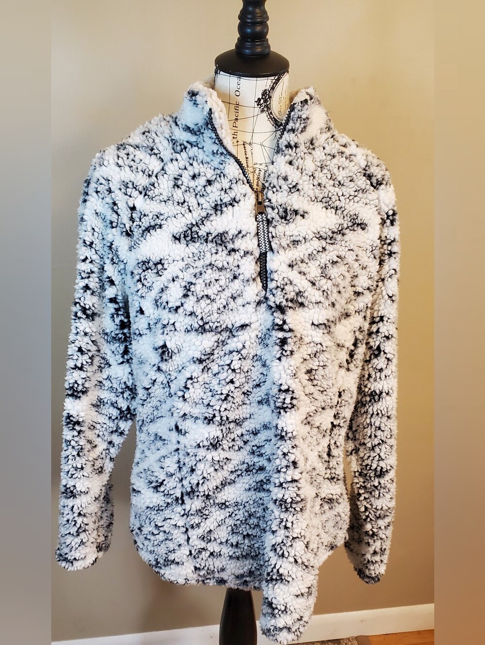 Cozy Sherpa XXL Women Fuzzy Pullover Sweater Gray White Quarter Zip Faux Fur